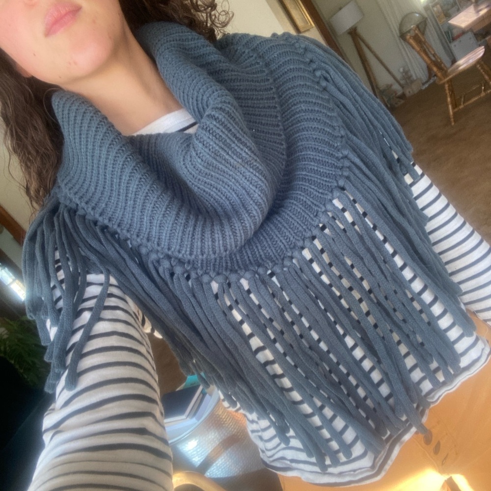 Slate Blue | Knit Fringe Cowl Neck Scarf